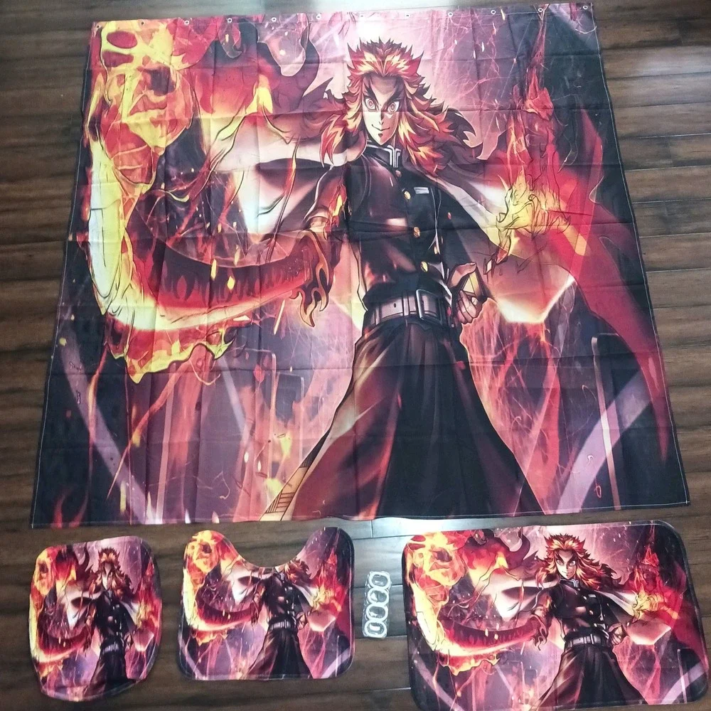 Demon Slayer Rengoku Shower Curtain Bathroom Set 16pc Flame Hashira Anime Decor